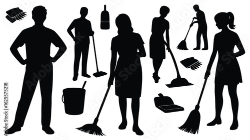 Cleaning Crew Silhouettes Group of Cleaning People with Brooms, Mops, and Cleaning Supplies