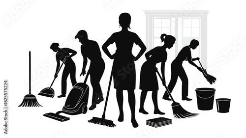 Cleaning Crew Silhouette Illustration Professional Maids with Vacuum, Brooms, and Cleaning Buckets