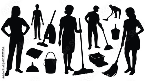 Cleaning Crew Silhouettes with Mops, Brooms, Vacuum, Buckets, and Dusters on White