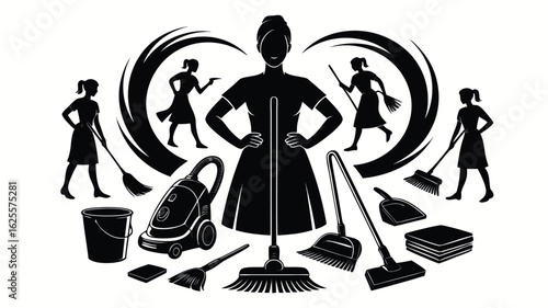 Cleaning Service Team Black Silhouette Featuring Maids, Brooms, Vacuum, Bucket and Cleaning Supplies