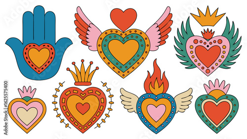 Collection of Colorful Sacred Heart and Hamsa Hand Illustrations in Retro Style