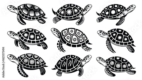 Collection of Nine Black and White Stylized Sea Turtle Illustrations with Varied Shell Designs