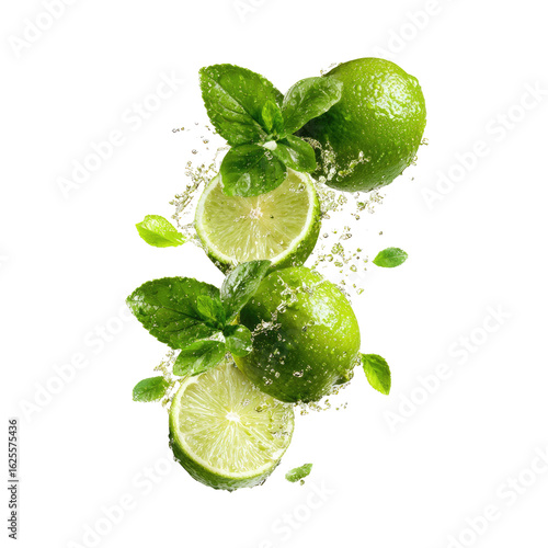 Vibrant lime slices and leaves in motion