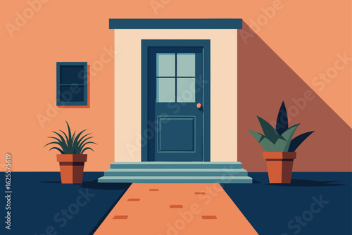 house with welcome mat and plants on front porch  .eps