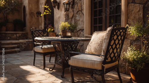 Outdoor patio with ornate table and chairs in a sunny courtyard space.