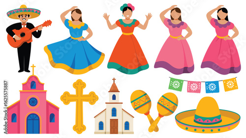 Colorful Cinco de Mayo Set Featuring Dancers, Musician, Churches, Sombrero, Maracas, and Festive Banners