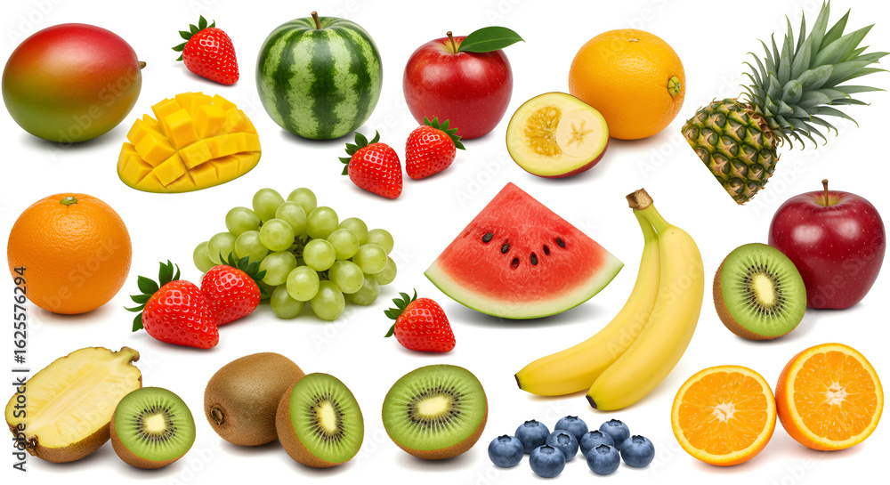 Collage of fresh fruits: mango, strawberry, grapes, pineapple, kiwi, watermelon, apple, banana, orange, blueberry. Vibrant and appetizing, ideal for healthy food themes.
Collage of fresh fruits: mango, strawberry, grapes, pineapple, kiwi, watermelon, apple, banana, orange, blueberry. Vibrant and appetizing, ideal for healthy food themes.