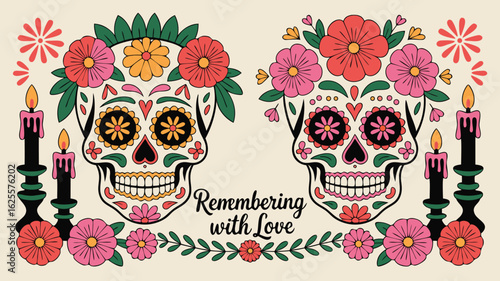 Colorful Day of the Dead Skulls with Flowers, Candles, and Remembering with Love