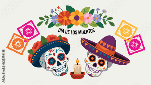Colorful Día de los Muertos Illustration with Skulls, Flowers, Candle, and Decorative Papel Picado
