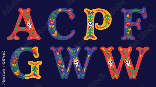 Colorful Festive Floral Letters with Skull Accents for Day of the Dead Typography