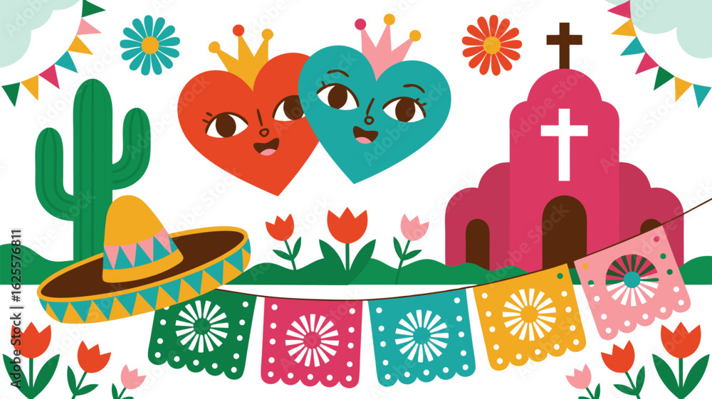 Naklejka premium Colorful Mexican Party Illustration Hearts, Church, Sombrero, Cactus, Banners, Flowers, and Festive Decorations