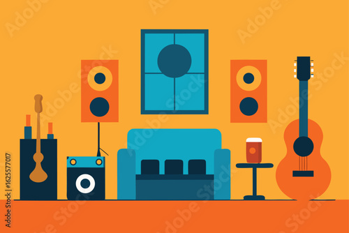 living room with acoustic instruments and speakers (1).eps