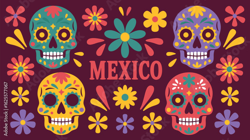 Colorful Sugar Skulls and Flowers for Day of the Dead Celebration in Mexico