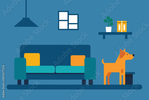 living room with playful dog on the couch  .eps
