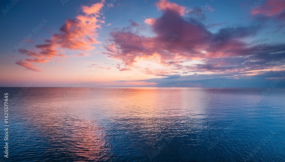 Fototapeta premium vibrant sunset sky over a calm blue sea with soft pink clouds and golden light reflection creates a peaceful atmosphere