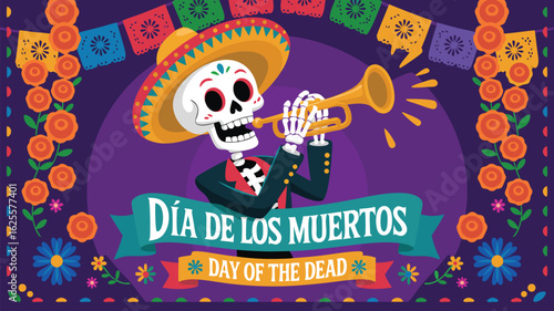 Day of the Dead Cartoon Skeleton Playing Trumpet with Floral Accents and Bunting
