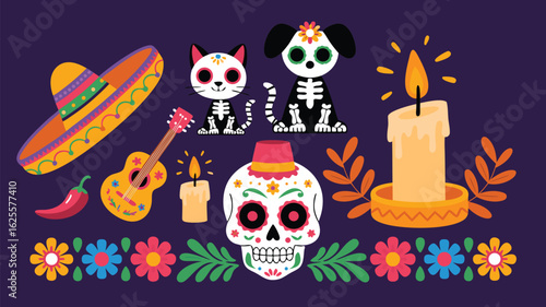 Day of the Dead Cartoon Illustration Sugar Skull, Cat, Dog, Guitar, and Candle