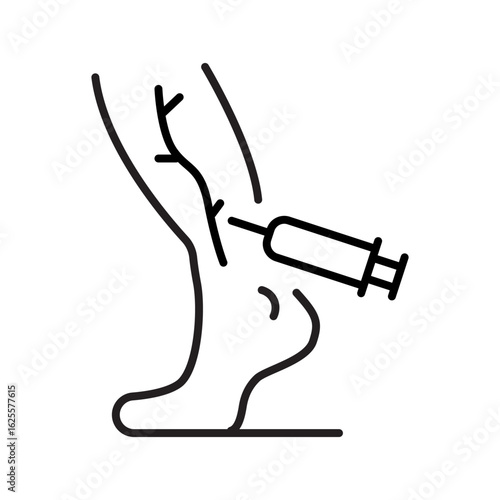 Single icon of a medical injection into the heel, suitable for podiatry or pain treatment themes. Editable stroke vector illustration.