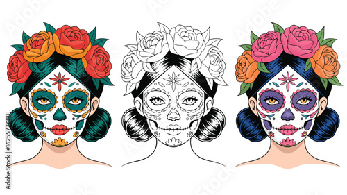 Day of the Dead Girl with Face Paint, Flowers, Coloring Page Version