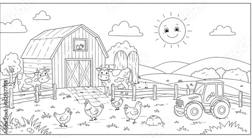 Farm Scene Coloring Page Cows Chickens Barn and Tractor in Black and White.