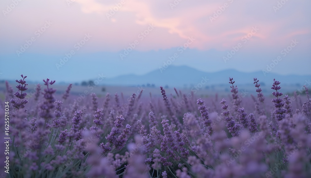 Fototapeta premium Field of soft lavender under pastel blue sky