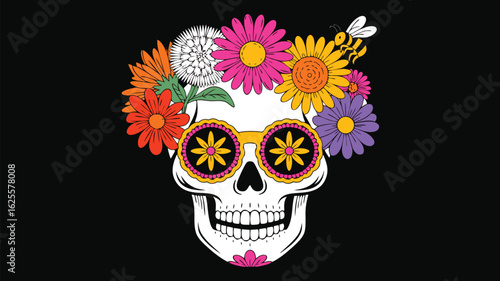 Decorated Skull with Flowers, Sunglasses, and Bee Illustration on Black Background