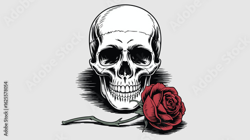 Detailed Skull Illustration with a Red Rose Lying Near the Bottom Against Light Background