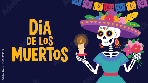 Dia de los Muertos Illustration Skeleton with Candle, Flowers, Sombrero and Festive Bunting Decoration