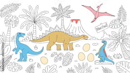 Dinosaur Coloring Page with Cartoon Landscape, Stegosaurus, Brachiosaurus, Pterodactyl, Volcano, Palm Trees, and Eggs