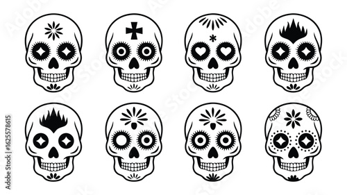 Eight Black and White Sugar Skulls with Unique Decorations on a White Background