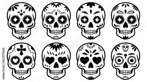 Eight Black and White Sugar Skulls with Floral and Geometric Designs Illustration