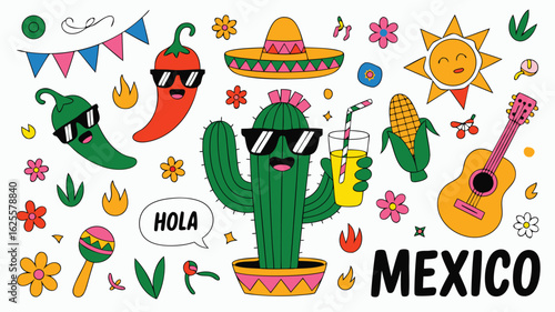 Festive Mexico Cartoon Cactus with Drink, Sombrero, Guitar, Corn, Peppers and Flowers Illustration