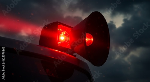 Close-up of a red emergency light and speaker mounted on a vehicle roof against a dark, stormy sky.