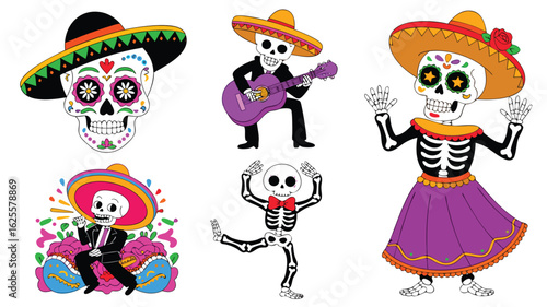 Wallpaper Mural Five Colorful Cartoon Skeletons Celebrating Day of the Dead with Music and Dance Torontodigital.ca