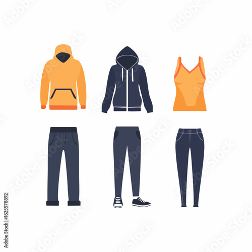 Minimalist vector icons of unisex casual and sportswear. A collection of flat design apparel including hoodies, pants, and a tank top.