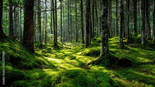 Lush forest floor bathed in sunlight