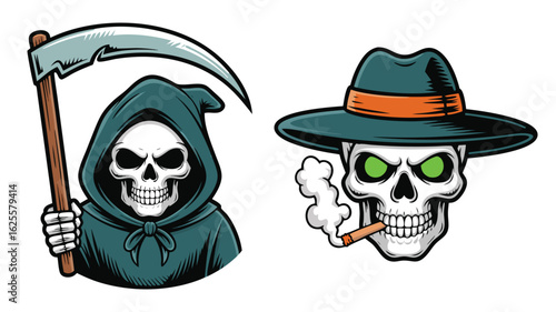 Grim Reaper Holding Scythe and Skull Wearing Fedora Smoking a Cigarette Cartoon Vectors