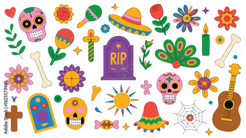 Groovy Dia de los Muertos Elements Retro Style Skulls, Flowers, Tombstone, Maracas and Guitar Illustration