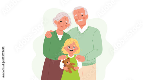 Happy Grandparents Embracing Granddaughter with Teddy Bear Generational Love, Family Bonding Illustration