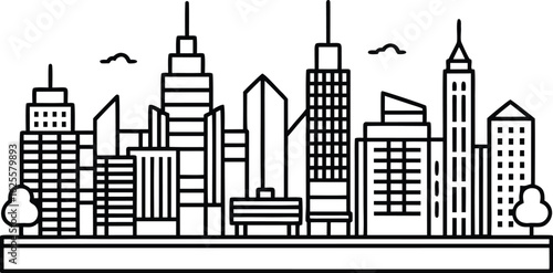 Vector silhouette of a city skyline with diverse urban architecture and modern skyscrapers