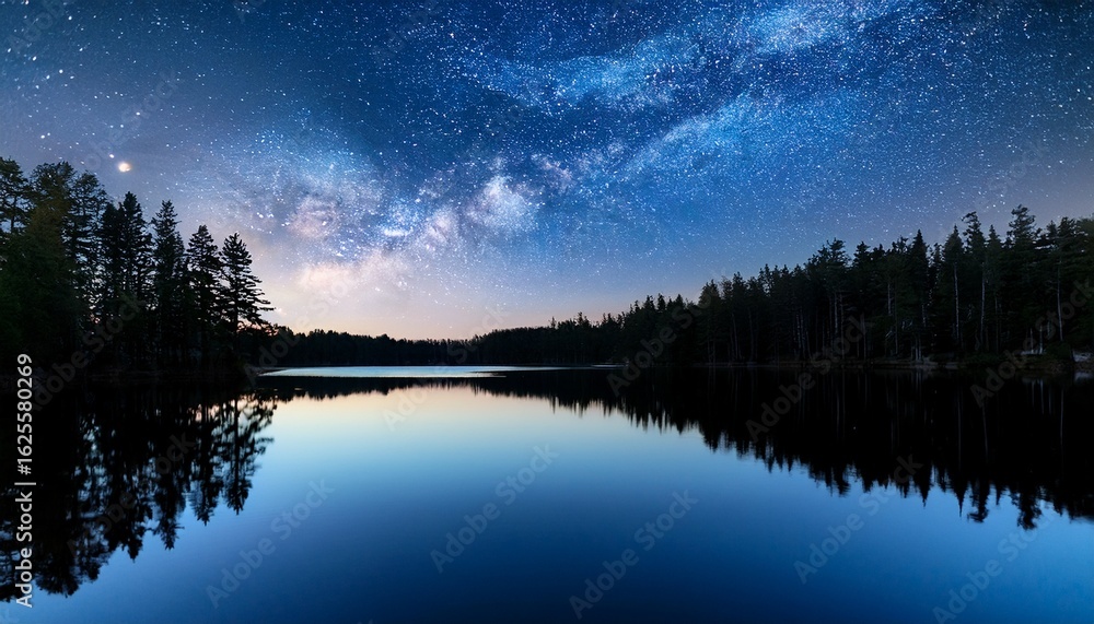 Fototapeta premium starry night sky reflecting on a calm lake with distant lights and silhouetted trees around
