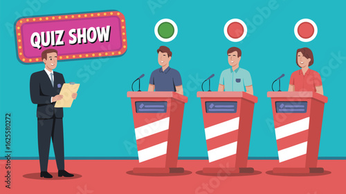 Quiz Show Cartoon Host with Clipboard, Contestants at Podiums with Lights and Microphones Ready