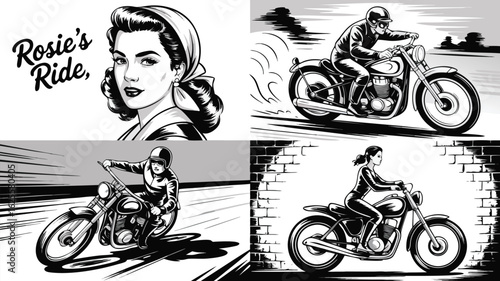 Rosie's Ride Retro Motorcycle Art Featuring Riders and Bikes in Black and White Illustration