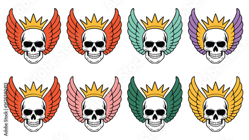 Set of Colorful Winged Skulls with Crowns Illustration, Eight Variants, Isolated on White