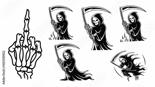 Six Black and White Illustrations Grim Reapers with Scythes and Skeleton Hand Gesture