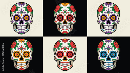 Six Colorful Sugar Skulls Decorated with Flowers on Checkered Background Illustration for Dia de Muertos