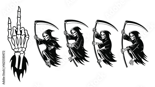 Skeleton Hand Horns Symbol and Grim Reapers with Scythes Black and White