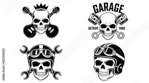 Skulls with Garage, Guitars, Wrenches, and Helmets Black and White Set