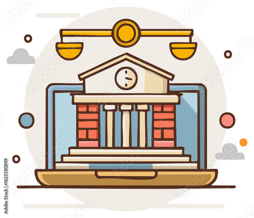 Online legal services illustration on laptop with courthouse and scales of justice