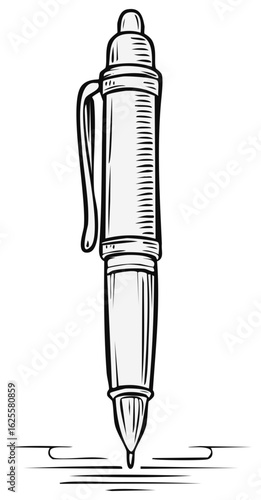 Stylized black and white drawing of a writing pen with a clip poised over drawn lines
